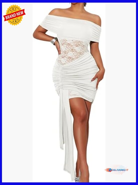 Dresses & Skirts - Off Shoulder Ruched Mini Dress, Stretch Lace Bodycon for Night Out